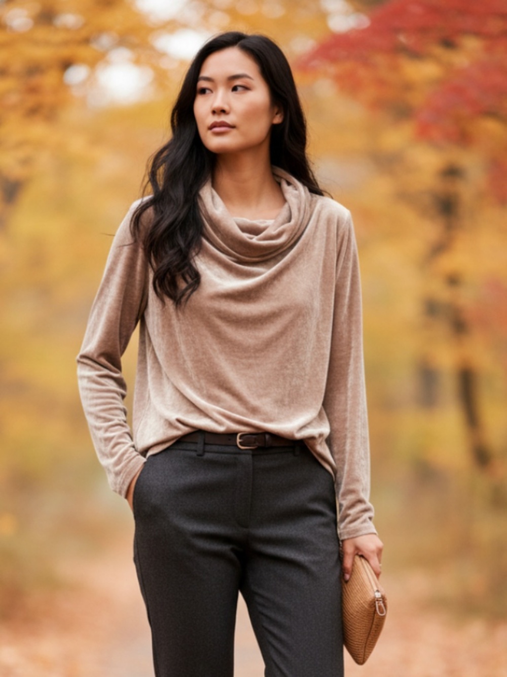 Pure Jill J Jill Shirt Top Tunic Sz Large Velour Velvet Tan Cowl Neck Elegant